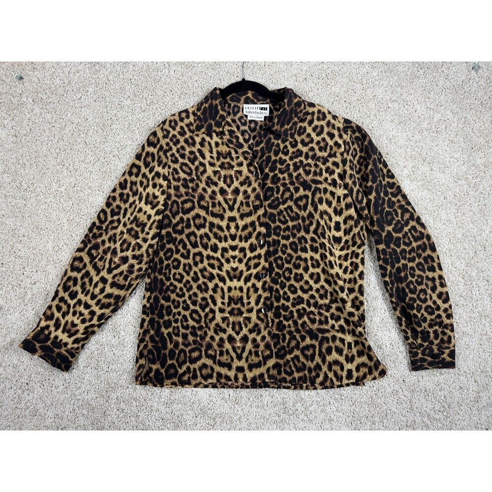 Leslie Fay Haberdashery Leopard Print Blouse Top Womens Size 12 Button Up
